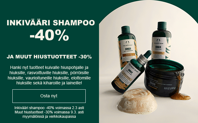 Inkivääri shampoo -40% ja muut hiustuotteet -30%